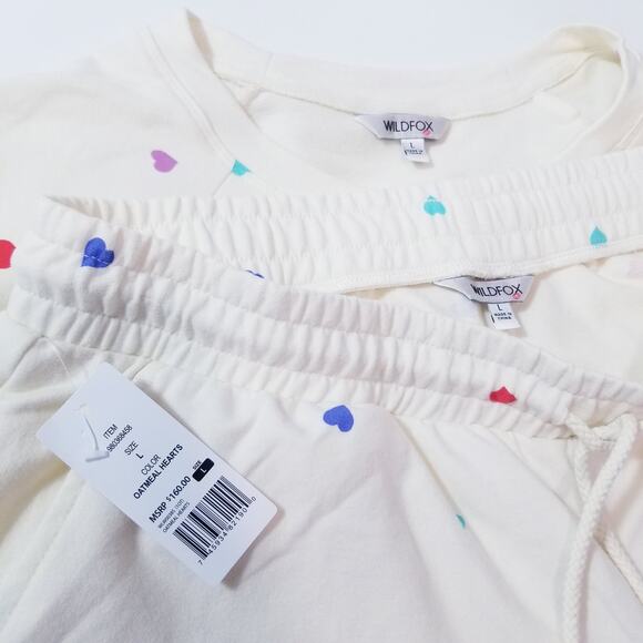 WildFox Oatmeal Hearts Print Sweatshirt and Short Lounge Set Co-Ord Sets - Picture 12 of 13